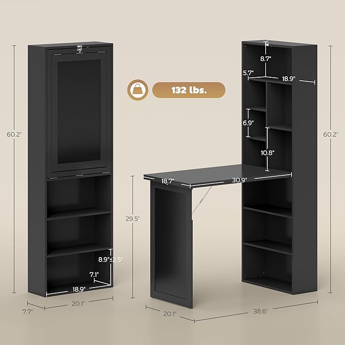 HOMCOM Foldable Convertible Writing Table, Wall Mounted Space-Saving Computer Desk with Chalkboard and Storage Shelves for Small Spaces, Home Office, Bedroom, Dorm, Apartment, Black