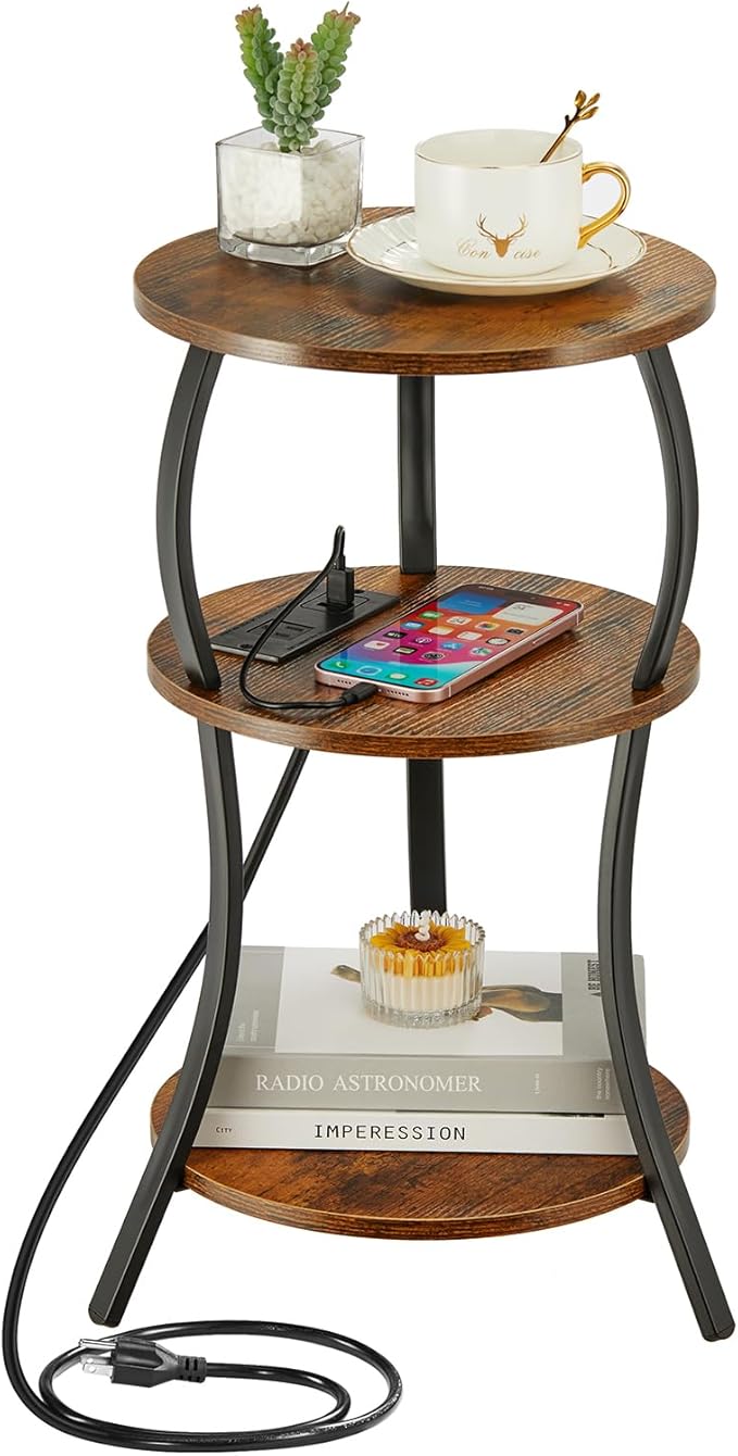 Small Round Side Table with Charging Station, 3-Tier Waist Circular End Table with Storage Shelf, Compact Tea Sofa Side Table Small Spaces, Round Corner Coffee Table for Living Room Bedroon,Brown