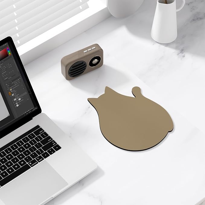 Funny Leather Mouse Pad Cute Cat Shape Office Desk Accessories Decor for Women Small Mousepad with Non-Slip Rubber Base Washable Waterproof, 9.7" x 8", Apricot
