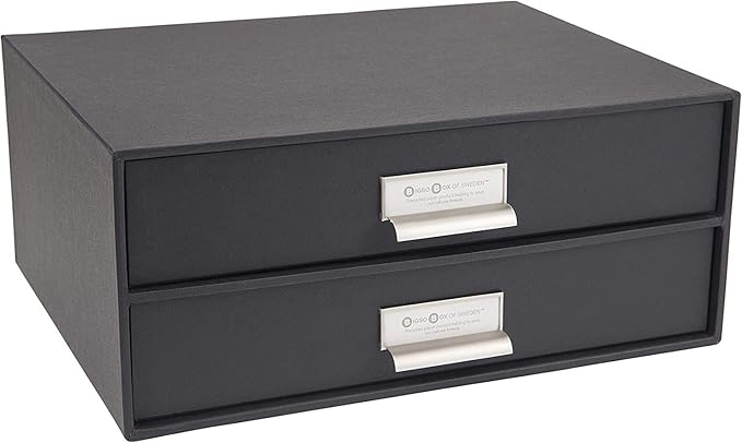 Bigso Box of Sweden Birger 2-Drawer Fiberboard Label Frame Document Letter Box | Desktop Drawers for Loose Papers, Documents with Metal Label Holder | 13.1" x 10" x 5.7" | Dark Grey
