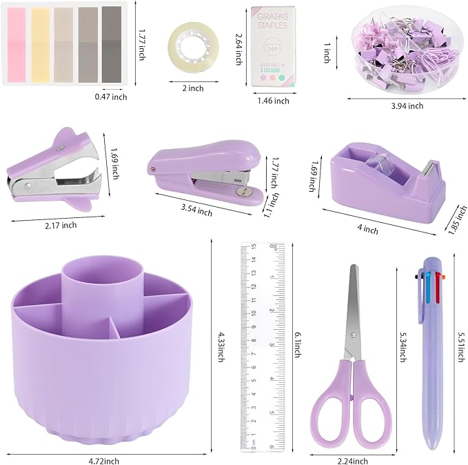 Purple Desk Accessories, 11Pcs Desk Organizer with 360°Rotating Pen Holder, Stapler, Staples, Staple Remover, Pen, Ruler, Tape Dispenser, Tape, Clips, Scissor, Notes, Office Supplies