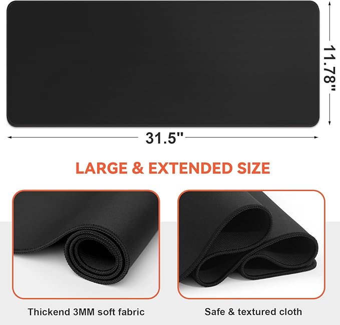 DIGSOM Black Mouse Pad Gaming Keyboard Pad 31.5 x 11.8 in Large Computer Mouse Pad with Anti-Slip Rubber Base and Stitched Edges, Extended Mouse Mat for Gaming Working