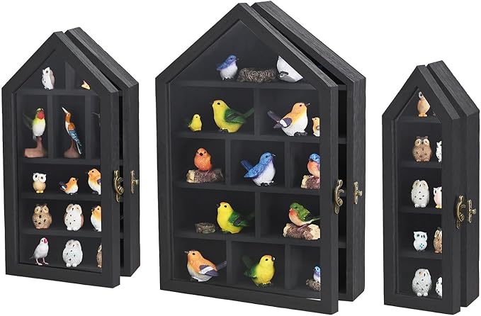 Ikee Design 3 Pcs Set Wall-Mounted House-Shaped Wooden Shadow Cubby Box Display Shelf with Door Storage Display Case for Collectibles, Trinkets, Mini Figures, Black Color, 21.1W x 3.1D x 14.8H in