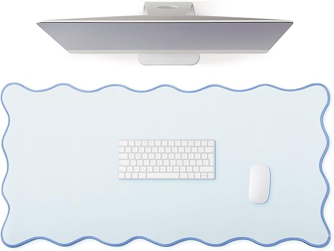 Hahafelt Scalloped Desk Mat Large Desk Pad Cute Coquette Table Mat Aesthetic Preppy Table Make up Pad Nonslip 2026 Graduation Gift with Stitching Waterproof Gaming(Blue,36 x 17 Inches)