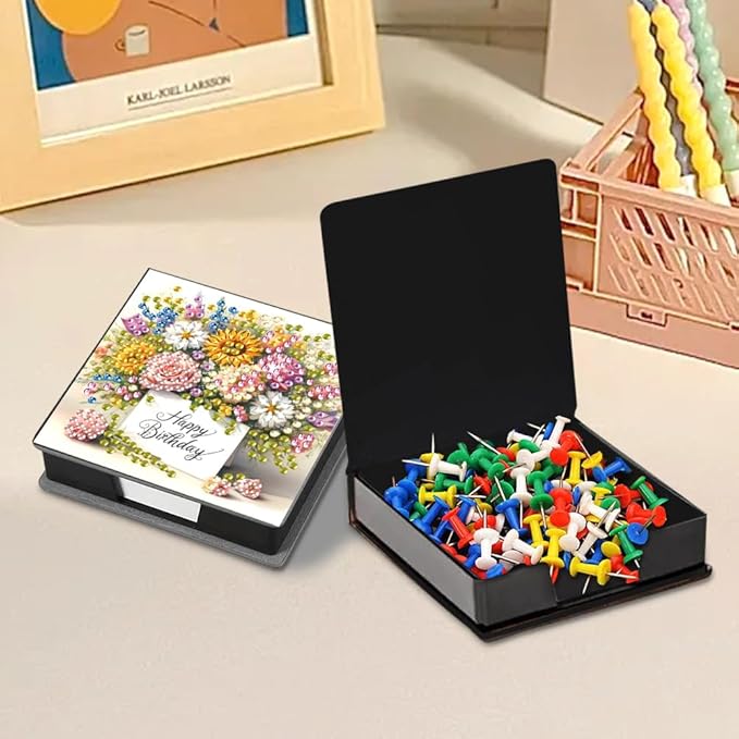 Diamond Painting Kits Sticky Note Holder, DIY Diamond Art Accessories Memo Pad Box for Desk, Mosaic Craft Kits for Adults Beginners, Cute Office Decor Gifts Women(Flowers Cardboard)
