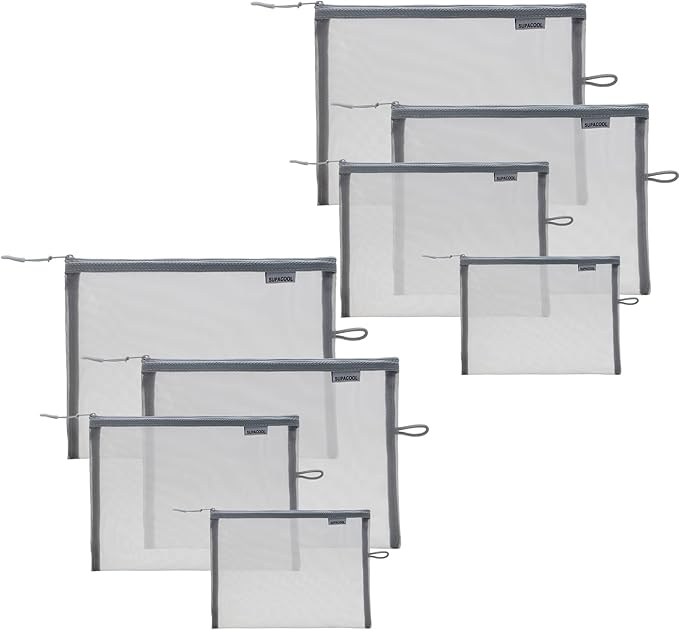 SUPACOOL Set of 8 Travel Mesh Makeup Bag, Cosmetic Organizer Pouches with Zipper, Diaper Organizing Pouches, Nylon Toiletries Bag for Women and Men(8pcs, Gray)