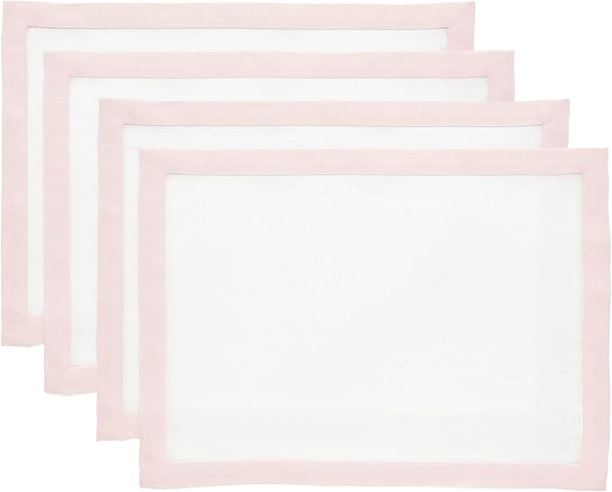 Solino Home Linen Placemats Set of 4 - Blush Pink and White Placemats 14 x 19 Inch - 100% Pure Linen Table Place Mats for Spring, Summer - Classic, Handcrafted and Machine Washable
