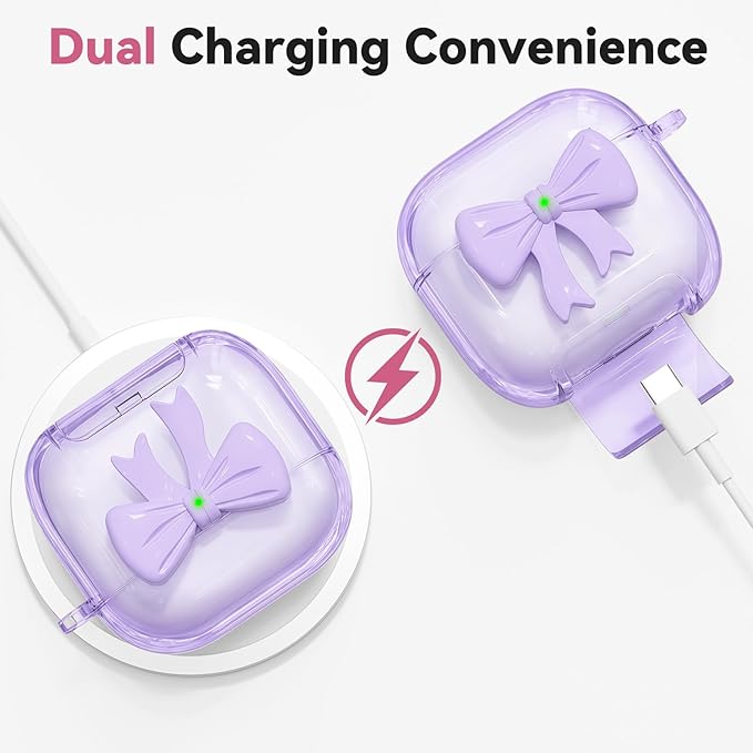 for Airpods 4 Case Pink 2024 with Safety Lock & Phone Stand, 3D Bow Clear iPod 4 Cases with Cute Keychain & Cleaning Kit, Soft TPU Cover for AirPods 4th Generation Case Girls Women (Purple)