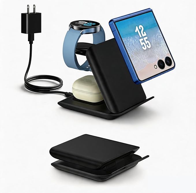 Samsung Galaxy Z Flip 3-in-1 Wireless Charging Station - Foldable 15W Fast Travel Charger Stand for z Flip 7 6 5 4 3, Razr+, Galaxy Watch & Buds 3,2 Pro,Live,PD20W Adapter Included,Black