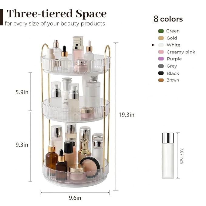 Aveniee Crystal Three-Layer 360° Rotating Cosmetic Stand, Premium Solid Metal Pole Sturdy Construction, Translucent Revolving Beauty Storage Unit for Vanity, Sink or Bathroom Shelf, White