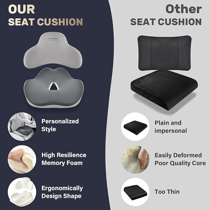 Coverado Seat Cushion and Lumbar Support Pillow for Car Office Chair, Ergonomic Memory Foam Desk Chair Cushion Back Support Pillow, Sciatica & Back & Tailbone Pain Relief Cushion-Black&Gray