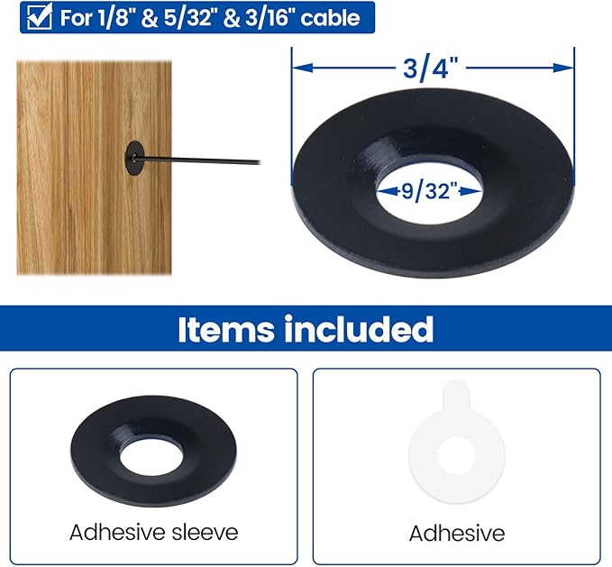 Muzata 20 Pack Black Cable Railing Adhesive Sleeves for 1/8" 5/32" 3/16" Wire Rope T316 Stainless Steel Adhesive Grommet Protector Sleeves Cable Railing Hardware Kit Wood Metal Posts CR91