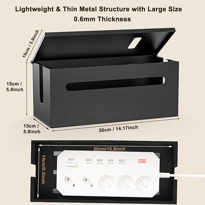 0.6mm Metal Cable Management Box Large Cable Organizer Box and Power Strip Box for Electrical Cord Hiding, Home Office Floor Cables Hider, TV Wires Storage Organization