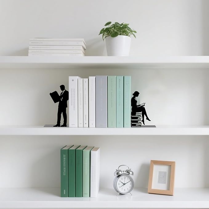 Metal Bookends Lovers Bookends Decorative Modern Book Ends for Shelves Bookshelf Home Office Desk Reading Decor Space-Saving Desk Organizer Decorative Shelf Stoppers for Books