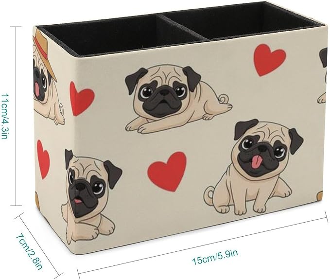 Stylish PU Leather Pen Pencil Holder Red Love Heart Pug, Must-Have Desk Accessory