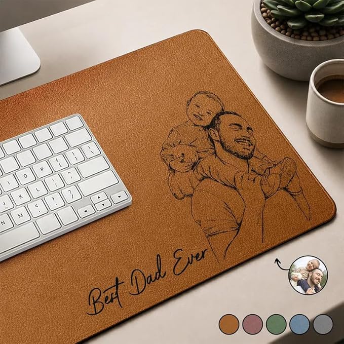 WANDER PRINTS Personalized Leather Desk Mat - Custom Photo Sketch Mouse Pad for Dad Grandpa, Father’s Day Office Desk Decor - Custom Photo Pencil Sketch Family Portrait Best Grandpa Dad Ever