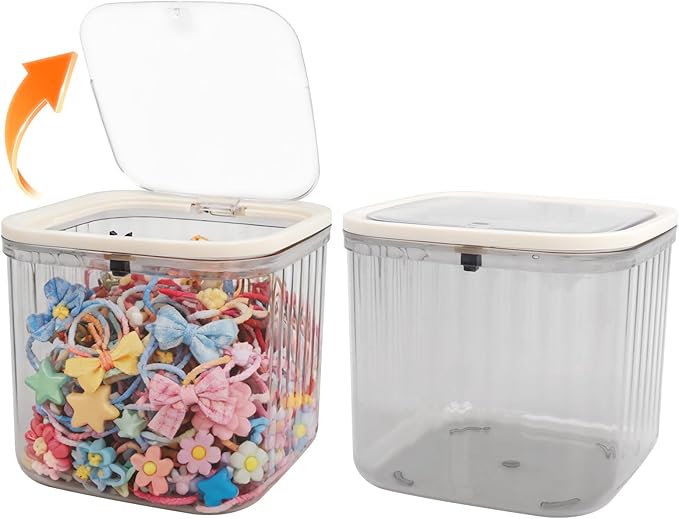 THMINS 2 Pack Hair Accessories Organizer for Girls,Plastic Storage Box with Lid for Kids Hair Clips, Ties,Bows&Jewelry,Stackable Dust-Proof Flip Top Container,Desktop Organizer(Grey)
