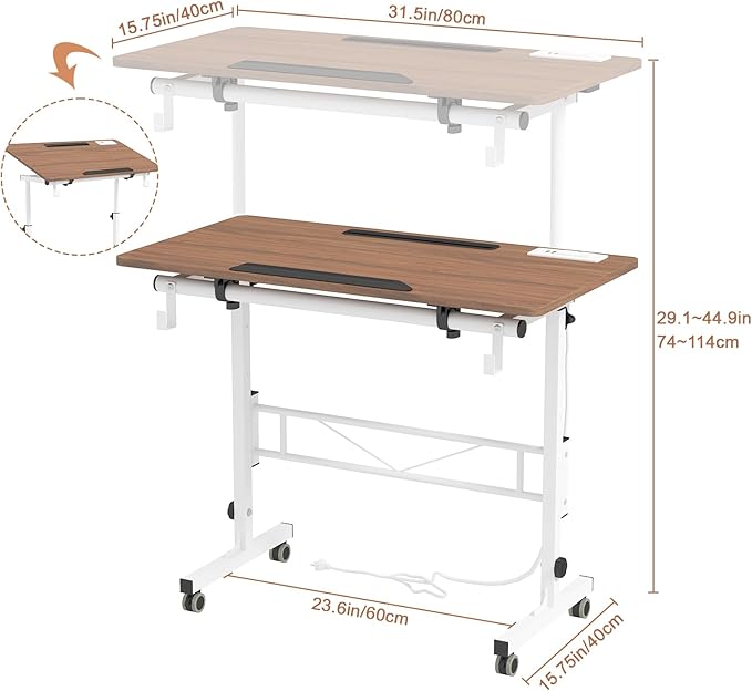 SIDUCAL Small Standing Desk with Charging Station, Portable Stand Up Desk for Walking Pad & Treadmill, Mobile Computer Workstation Adjustable Height, Tilted Desktop, 31.5” Vintage Oak
