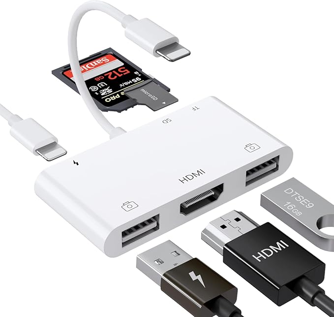 Lightning to HDMI Adapter with USB Camera and Charging Port, SD Card Reader for iPhone, 6 in 1 Camera Adapter to iPhone, Supports MIDI Keyboard, Mouse, HD TV/Projector/Monitor, Plug & Play