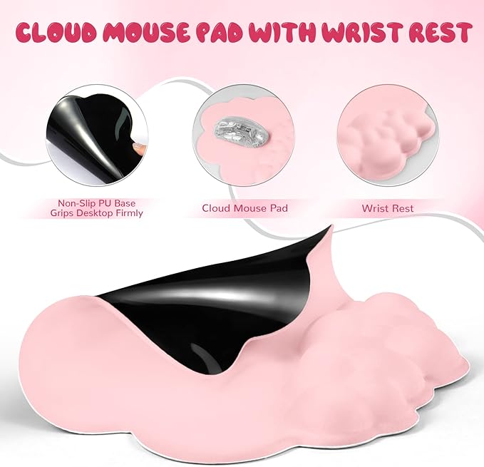 5 in1 Cloud Mouse Pad,Keyboard Wrist Rest,Mouse Wrist Rest Support,Mouse Pad Wirst Rest and Leather Coaster Set with Office Desk Mat,Memory Foam Ergonomic Easy Typing Pain Relief for Office and Home