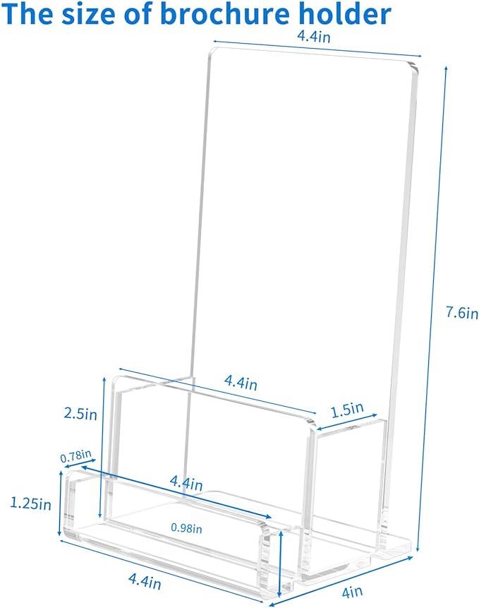NIUBEE 6-Pack Acrylic Brochure Holder 4‘’ , Clear Brochure Display Stand with Acrylic Business Card Holder, Plastic Flyer Display Stand for Magazine, Pamphlet, Booklets, Menu, Journals, Business Card