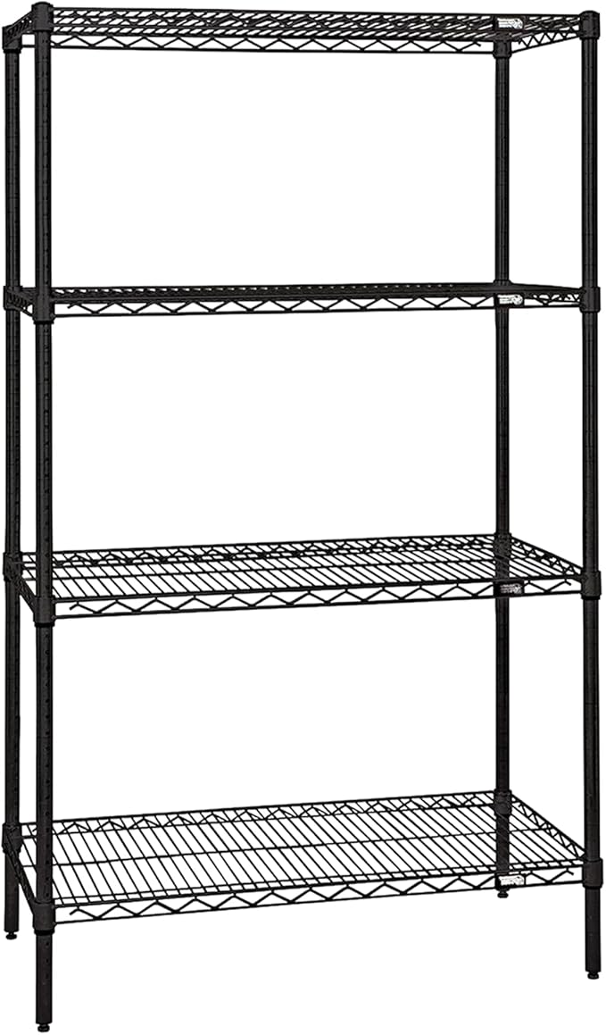 Quantum Storage Systems WR74-1424BK Wire Shelving Starter Kit, 24" W x 14" D x 74" H, 600 lbs Capacity, Carbon Steel, Epoxy Coated, Black, NSF