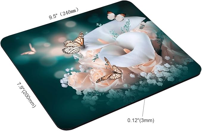 Flower Butterfly Mouse Pad, Calla Lily Pink Rose Customized Premium-Textured Mouse Mat,Washable Mousepads Non-Slip Rubber Base Small Mousepad, 9.5×7.9×0.12 inches