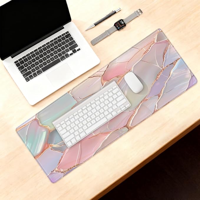Large Mouse Pad Shell Pink Marble Non-Slip Rubber Long Gaming Desk Mat Big Computer Keyboard Mousepad Waterproof Protector Wristing Pad for Gaming Office Home Decorative 31.5 X 11.8 Inch