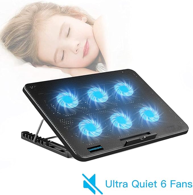 LIANGSTAR Laptop Cooling Pad, Laptop Cooler with 6 Quiet Fans for 12-17 Inch Notebook Gaming Fan Stable Stand, 7 Height & Wind Speed Adjustable, 2 USB Port & Phone Holder (Black)