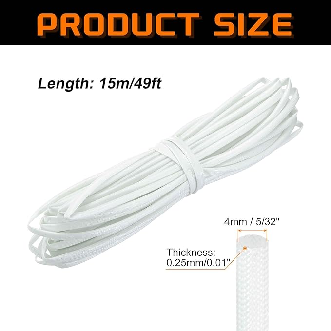 MECCANIXITY 49ft Braided Cable Sleeve, 5/32" ID 200C Heat Resistant 1500V Fiberglass Wire Insulation Cord Protector Organizer Wires Management for Motor Engine Fuel Line, White