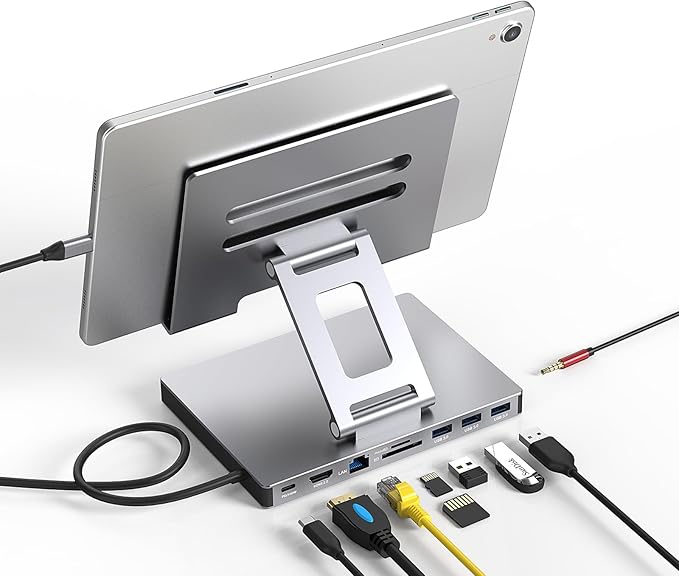 Aluminum Stand with 9-in-1 Type C Dock,100W PD,4K HDMI, Foldable for iPad Pro/Air, All-in-One Docking Station & Adjustable Holder, USB 3.0/Ethernet/SD Reader