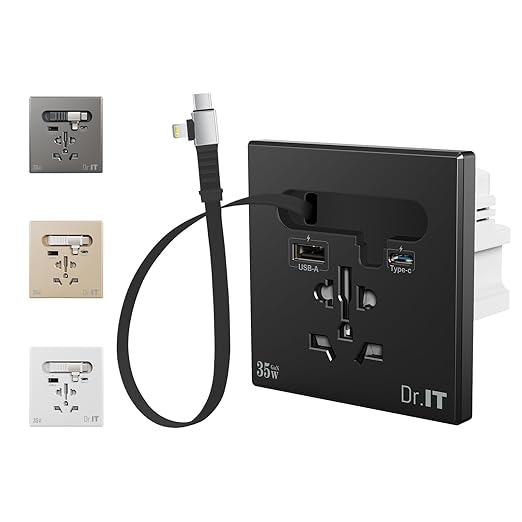 35W GaN Multi Plug Wall Outlet with Retractable Phone Charger for Bedside/Sofa, 4-in-1 Tamper-Resistant in-Wall Socket with Universal AC Port for New Renovations, UL Listed (Include 86-Type Box)