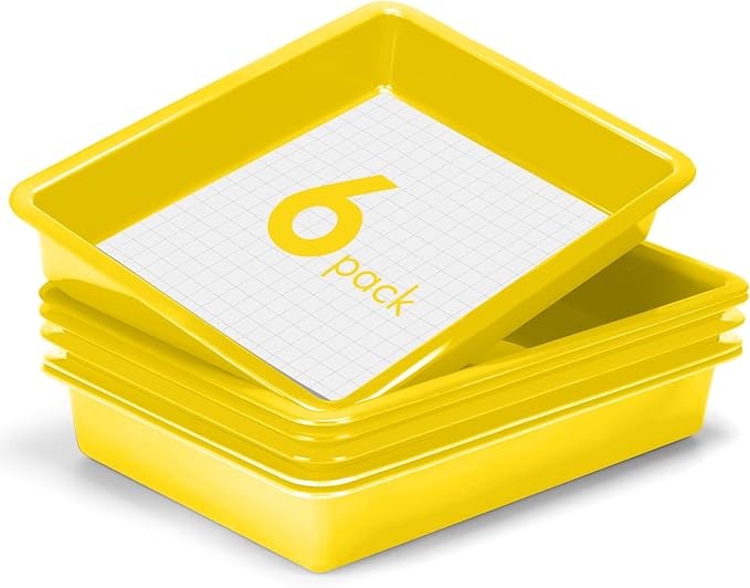 ShineMe 6 Pack Paper Trays for Classroom, Yellow Plastic Book Bins with Colorful Labels, Stackable Letter Size Storage Tray, Desk Organizer Tray for Home, School and Office