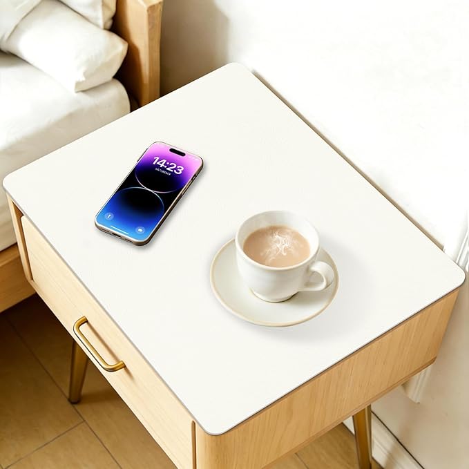 Cuttable PU Leather Nightstand Mat - 15.7x11.8in, Waterproof, Heat Resistant & Non-Slip Night Stand Accessories, Bedside Table Mat, Dresser Protector Top, End Table Cover, Small Desk Mat, Cream White