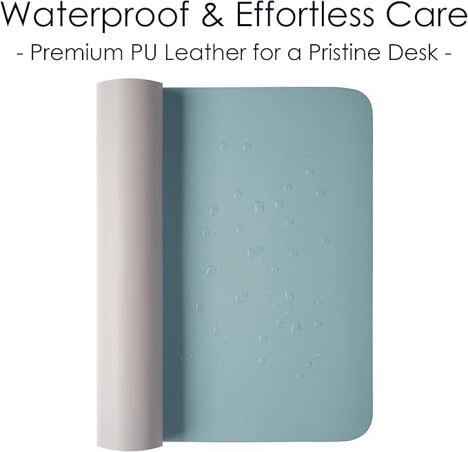 WAYBER Leather Desk Pad Protector, Waterproof Mouse Pad, PU Desk Mat, Office Desk Cover, Desk Writing Mat for Office/Home/Work/Cubicle (Light Blue/Silver) 23.7x13.8 in