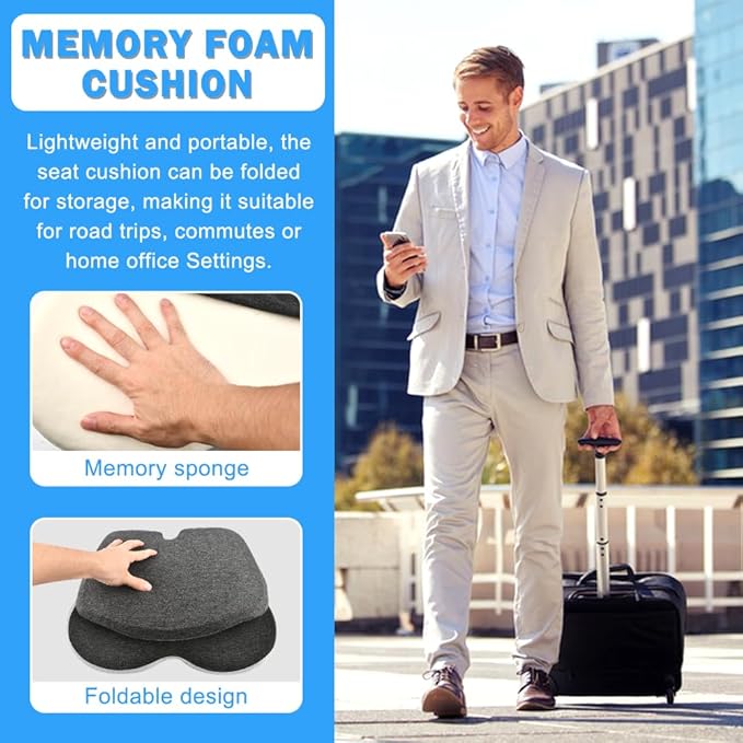 L-Shaped Ergonomic Memory Foam Seat Cushion, Breathable Non-Slip Car & Office Chair Cushion for Long Sitting, Orthopedic Support for Truck Drivers, Desk & Wheelchair(Black+Grey)