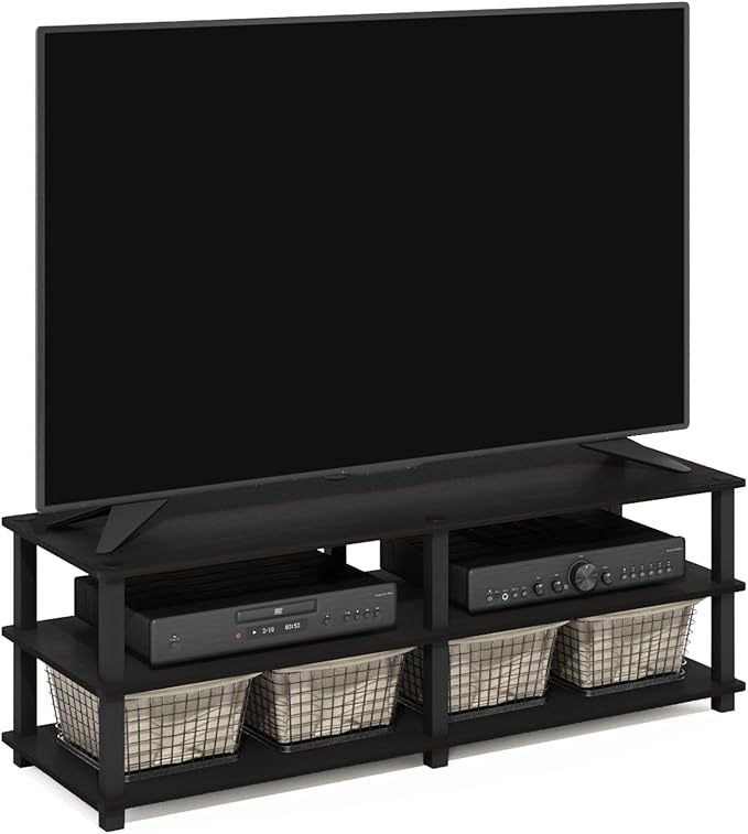 Furinno TURN-S-TUBE Toolless Assembly 3-Tier TV Stand, Entertainment Center for TV up to 55 Inch, Wide Printer Stand with Storage Shelf, for Living Room, Bedroom, Espresso