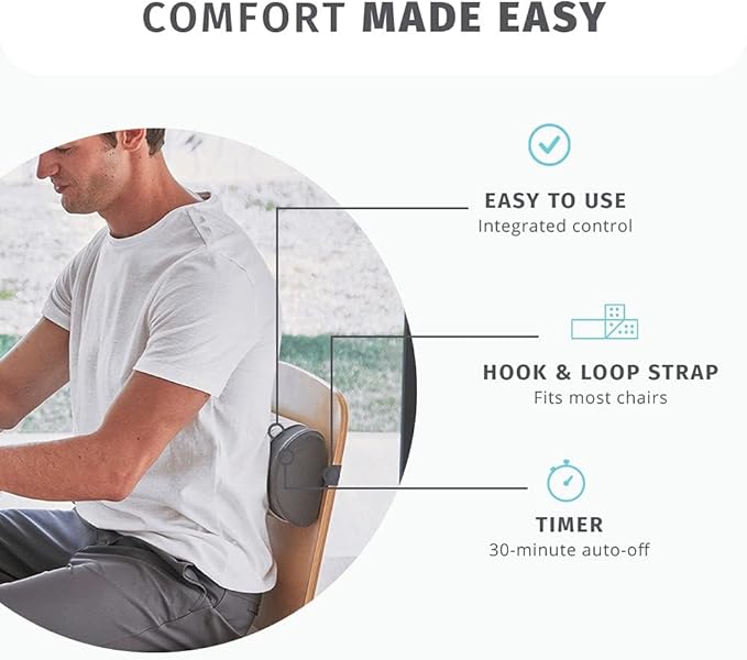 Homedics Lumbar Support Pillow with Ergonomic Design for Better Posture and Heat for Ultimate Comfort, 3 Electric Heat Settings with 30-Minute Auto-Off, Adjustable Strap for Office or Home Chair, Grey