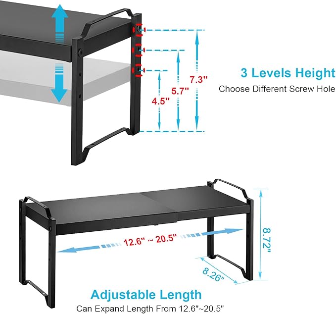 Set of 2 Expandable Kitchen Cabinet Shelf Organizer, Stackable Countertop Cabinet Storage Shelves Organizers For Spice Plate Dish Mug Cups, Adjustable Counter Cupboard Pantry Shelf Organizer