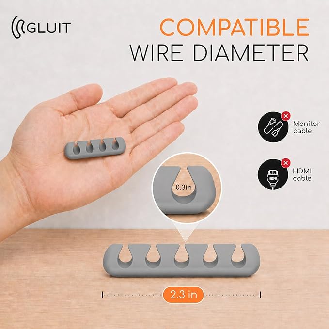 GLUIT Cord Organizer for Desk, Cable Holder for Nightstand, Charger Organizer, Adhesive Desktop Wire Clips, Multislot Cable Management, Table Organizer Accessories - 5 Pack, 15 Slots, Grey