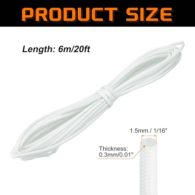 MECCANIXITY 20ft Braided Cable Sleeve, 1/16" ID 200C Heat Resistant 1500V Fiberglass Wire Insulation Cord Protector Organizer Wires Management for Motor Engine Fuel Line, White