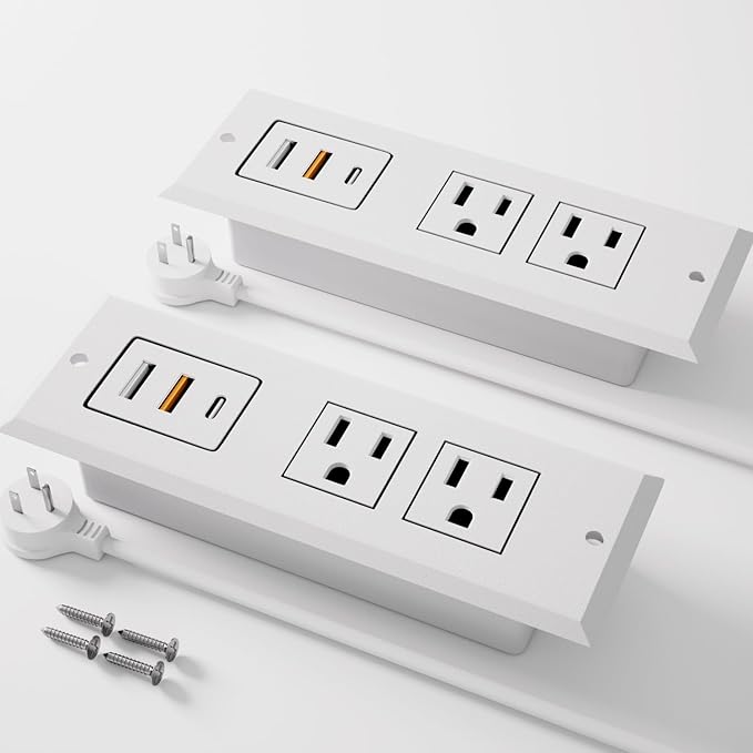 Recessed Power Strip - Set of 2,20W Fast Charging USB C Port and 18W USB-A Ports.Flush Mount Desk Outlet,Furniture Hidden Charging Station for End Table,Flat Plug,6.5 ft Extension Cord,White