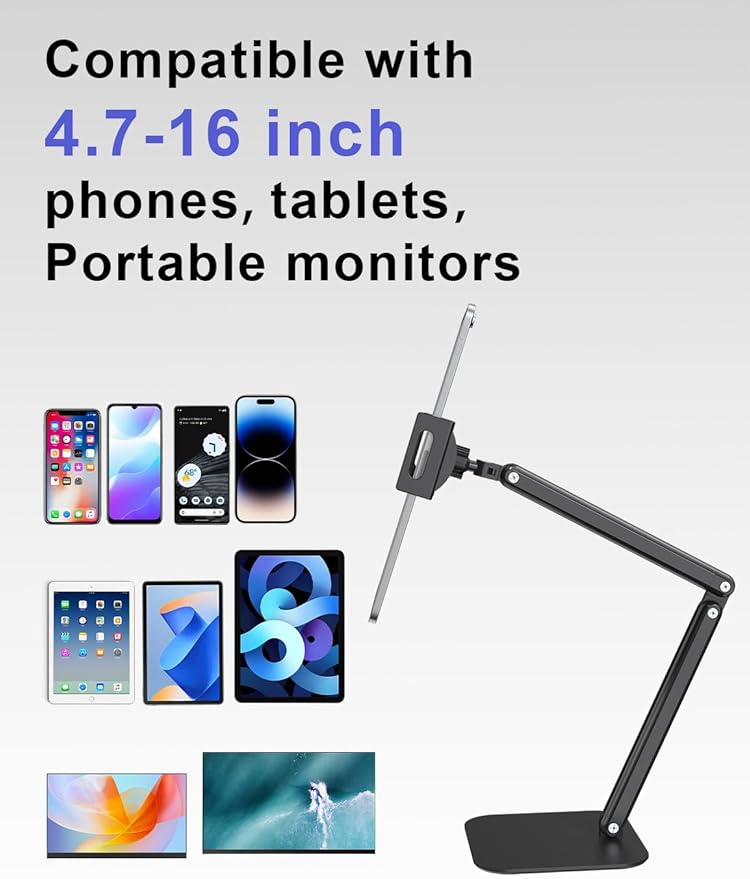 Tablet Stand for Desk,Adjustable iPad Holder Clamp Mount,360°Rotation,Sturdy Aluminum Tablet Arm Mount for 4.7"-15.6" iPad Pro/Air/Mini,iPhone,Portable Monitors,for Kitchen,Work,Video Call