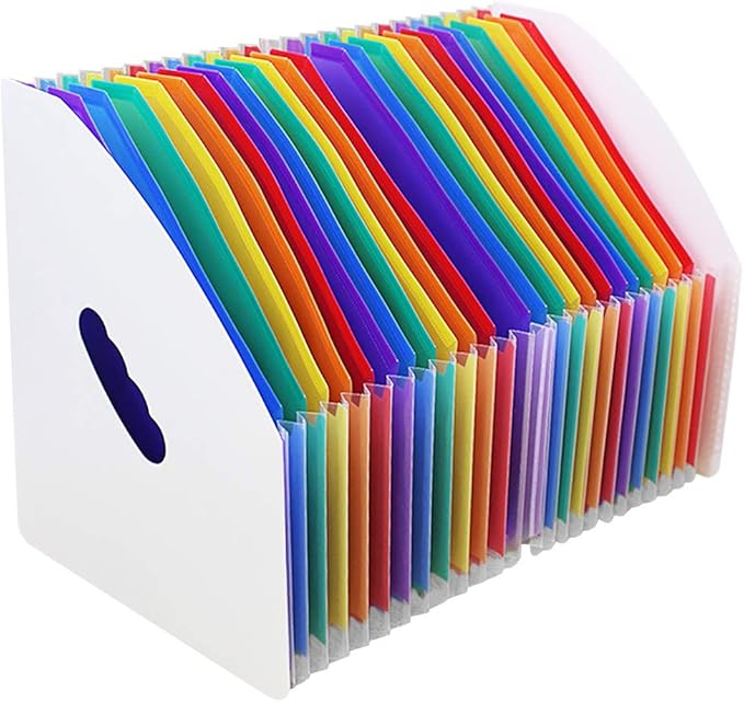 SAYEEC Rainbow Expanding File Holder Standing A4 Vertical Mini Book Organizer Magazine Basket Desktop 24 Pockets Files Folder with Handle for Students Examination Paper Bills Office Study