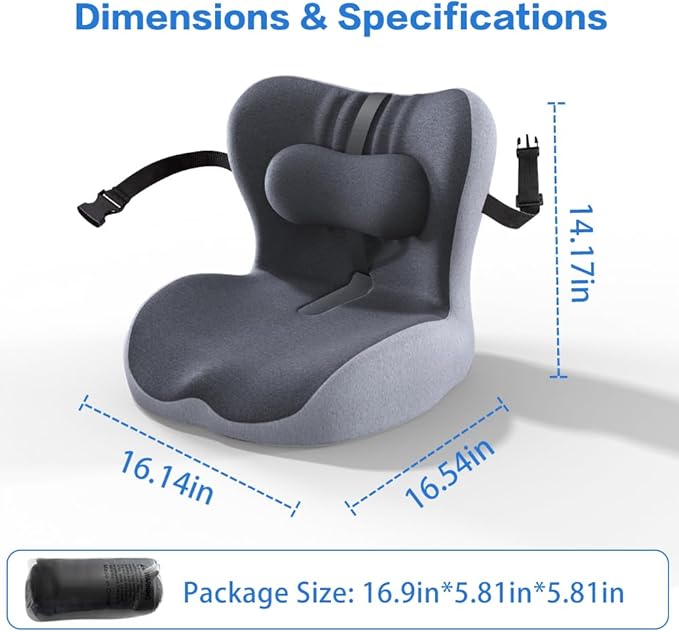 Adjustable Seat Cushion & Lumbar Support Pillow Set for Office Chair, Ergonomic Pillow for Sciatica Pain Relief, Memory Foam Back Support Pillow & Chair Cushion for Car seat, Desk Chair (black,grey)