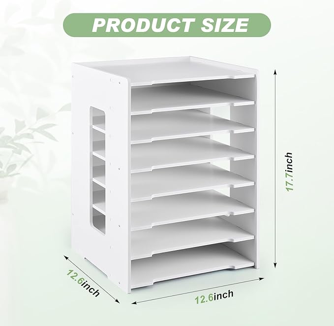 Juexica Scrapbook Paper Organizer 8 Tier File Holder for Desk 12 x 12 Stackable Paper Trays Desktop File Organizer for Home Office School Decorations, White