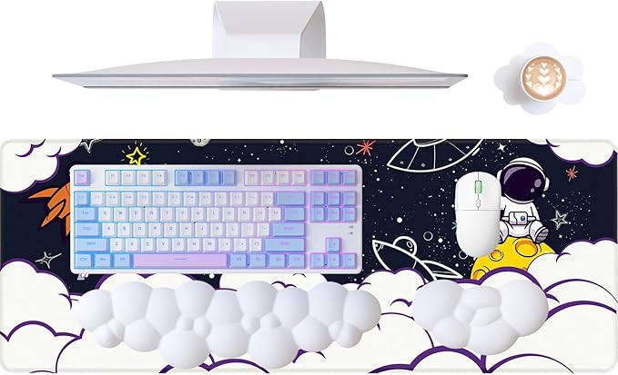ATTACK SHARK 4 in1 Cloud Mouse Pad,Keyboard Wrist Rest,Mouse Wrist Support,and Leather Coaster Set with Office Desk Mat,Non-Slip PU Desk Pad,Memory Foam,Easy Typing Pain Relief for Office and Home