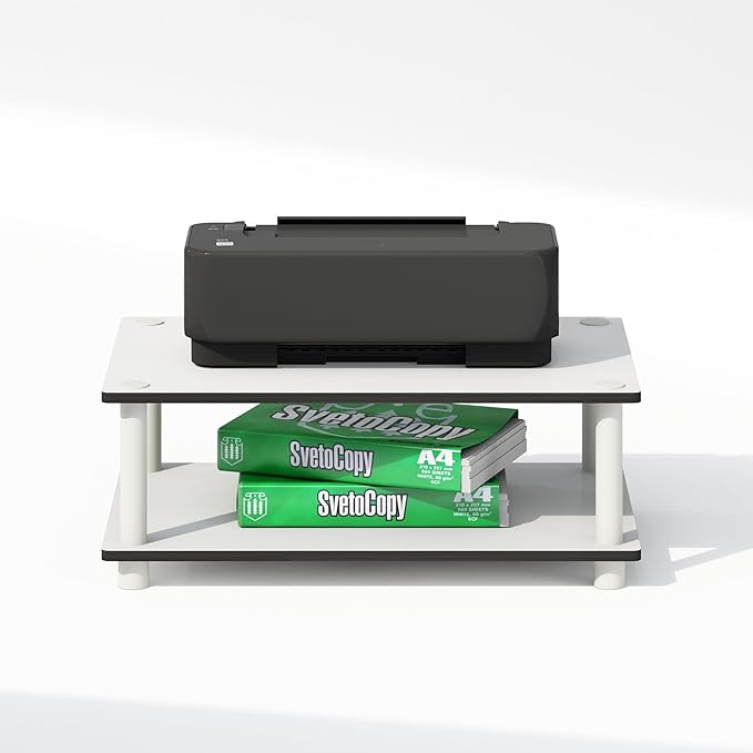 Furinno JUST Printer Stand with Storage, 2-Tier Under Desk Printer Stand, Printer Table, Toolless Assembly, for CPU, Office Supplies, Home Office, White