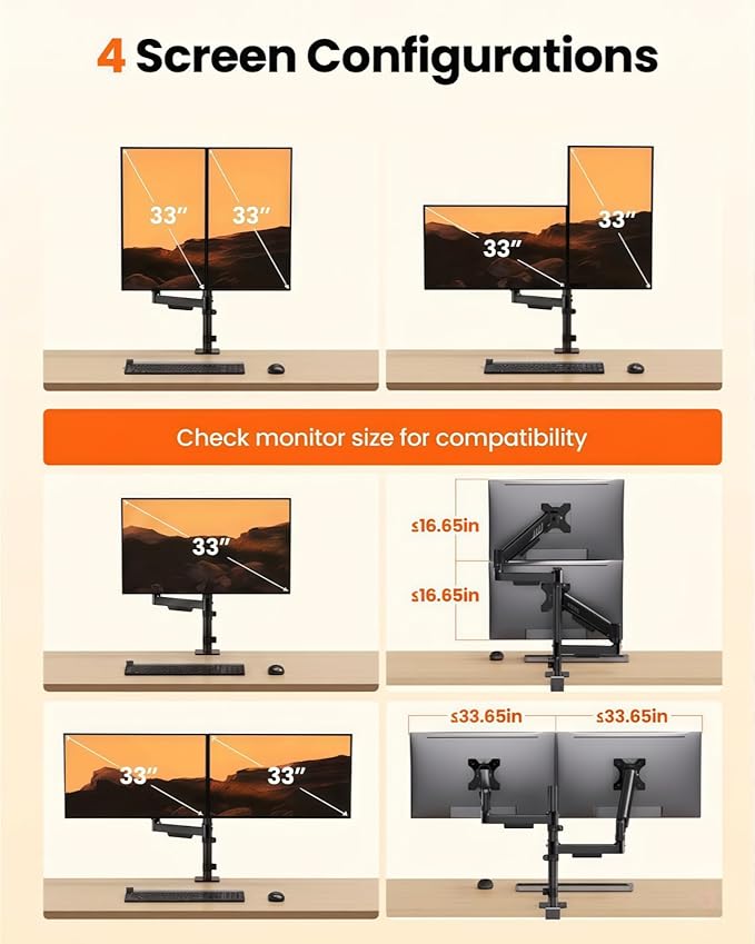 ErGear Vertical Dual Monitor Stand, Stacked Monitor Mount for 13-33″ Screens, Up to 19.8 lbs per Arm, Enhanced Stability with Integrated C-Clamp, Upgraded Cable Management, VESA 75x75/100x100mm, Black