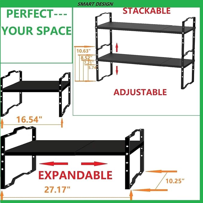 Jojocross Expandable Shelf for Cabinet Organizer Adjustable and Stackable Spice Rack at Kitchen and Bathroom More, Counter Countertop Cupboard Organization Pantry Storage(LARGE/3PACKS/BLACK)